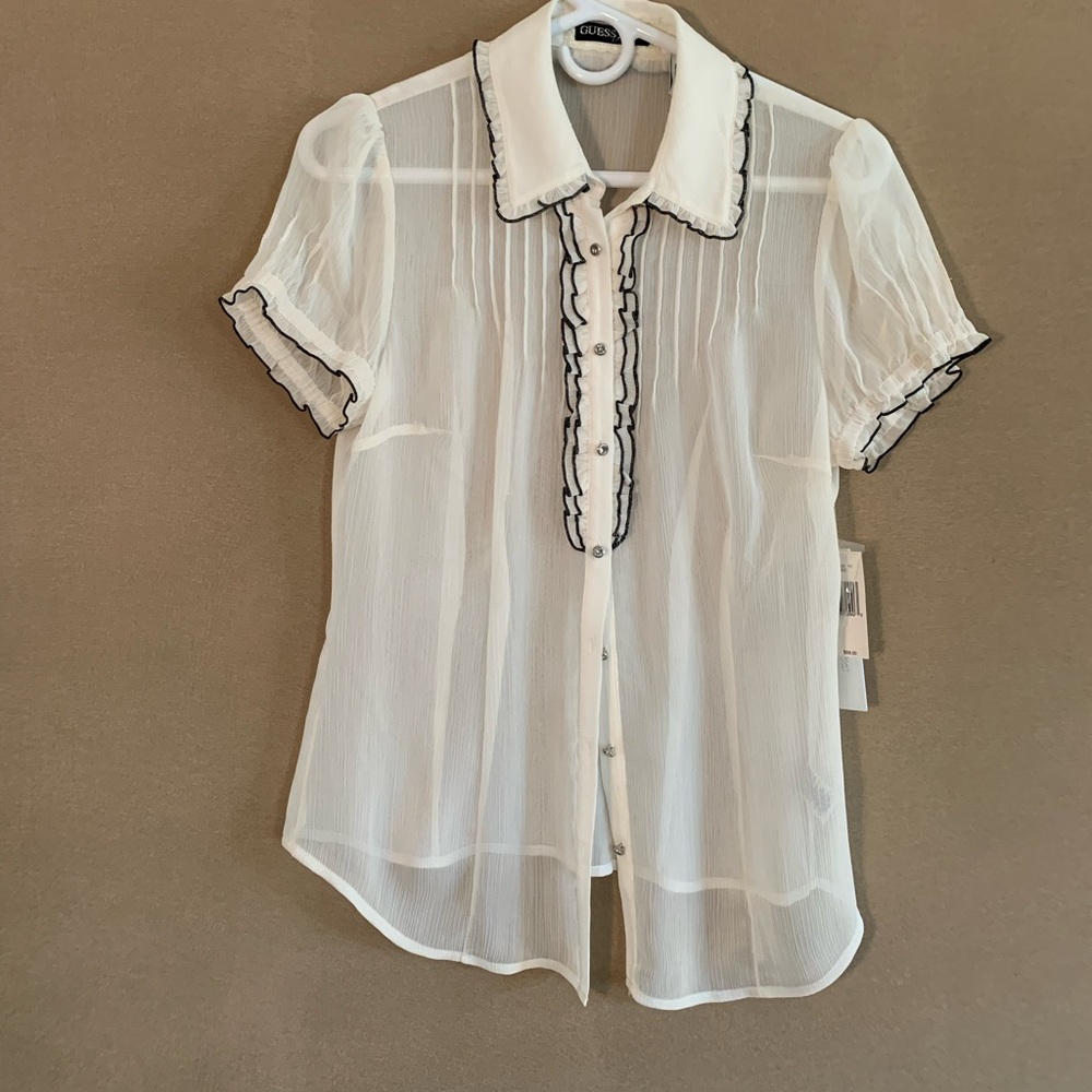 Adorable women's ivory with black accent sheer women's short sleeve top